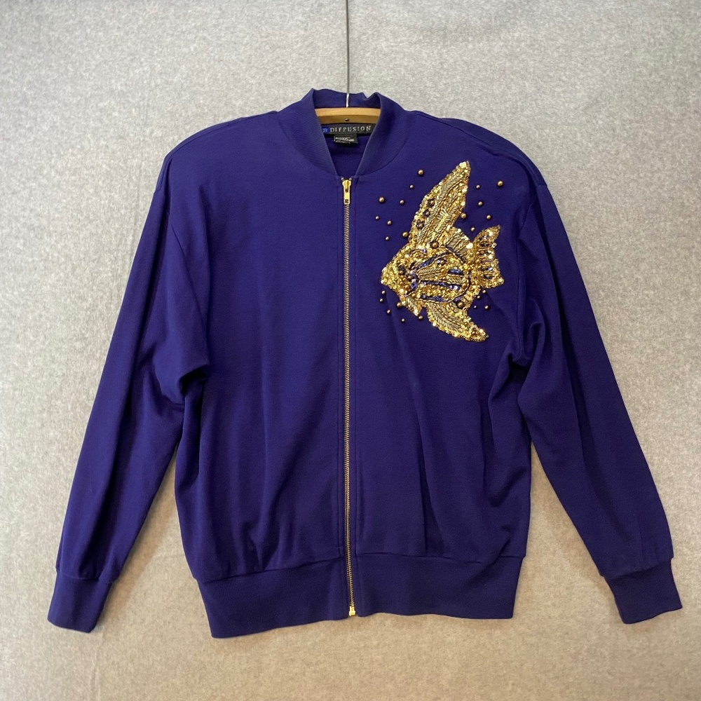 Vintage IB Difussion Size M Blue Jacket With Sequin Angelfish On Front Full Zip